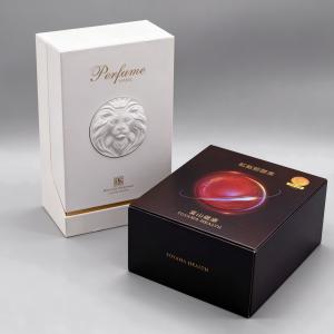 Custom White Perfume Box with 3D Lion Head Embossing and Black Health Supplement Packaging Box