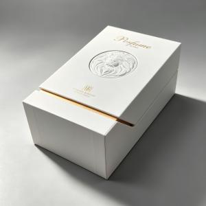 High-End White Drawer Gift Box with 3D Lion Head Relief for Luxury Perfume Packaging