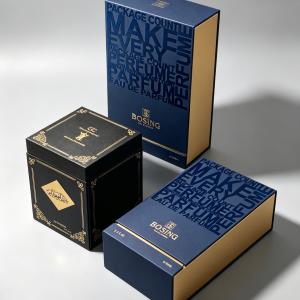 Modern Blue Typography Gift Box with Gold Inner Lining and Black Square Box with Arabic Calligraphy for Perfume Packaging