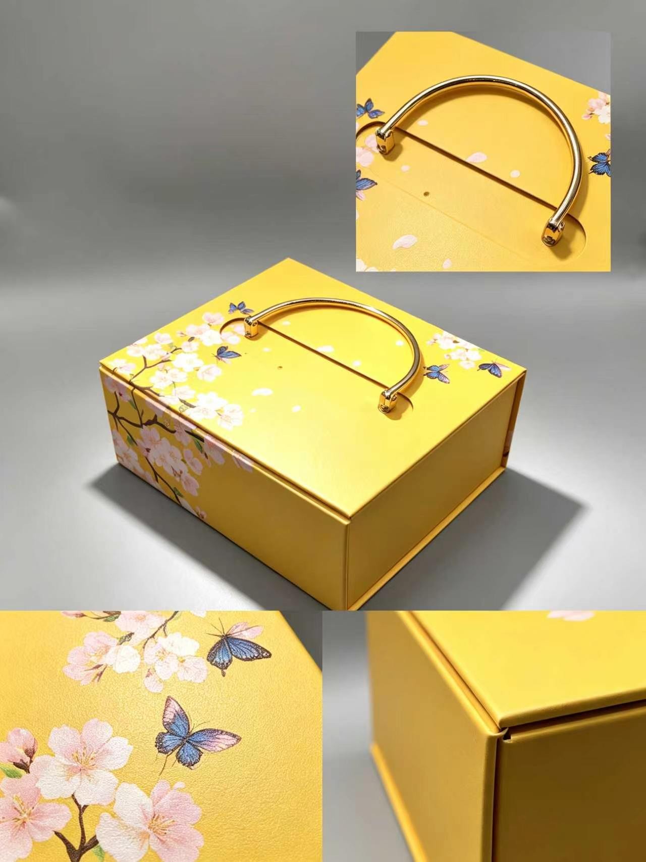 Yellow Portable Gift Box with Gold Metal Handle and Floral Butterfly Pattern for Cosmetic and Perfume Packaging