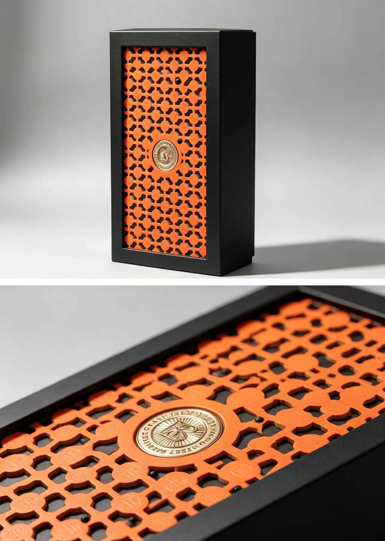 Stylish Black & Orange Hollow Carved Magnetic Box with Gold Emblem for Luxury Cosmetics