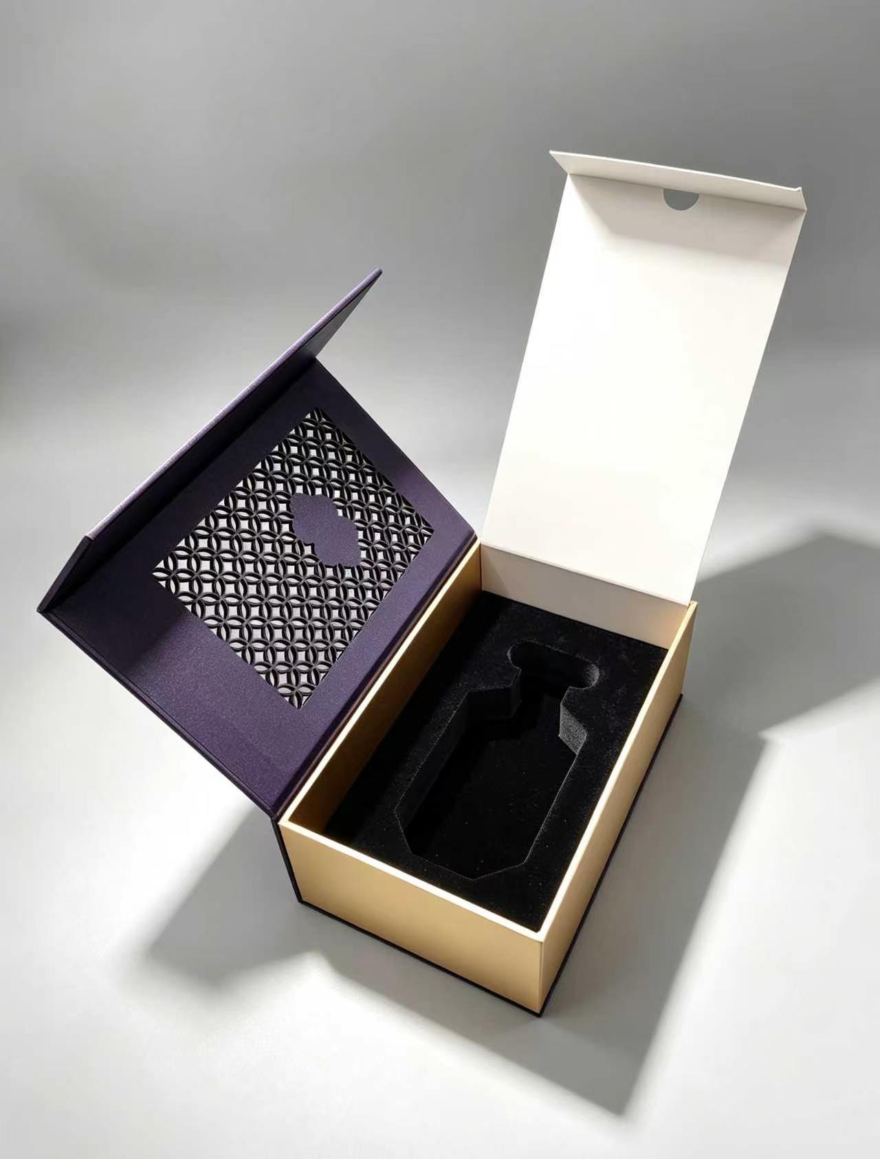 Elegant Purple & Gold Flip Box with Hollow Window & Velvet Tray for Perfume Gift Packaging