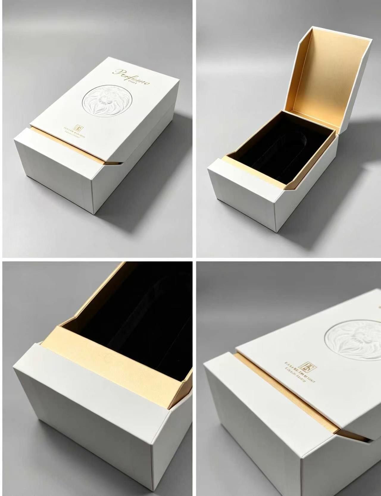 Minimalist White Cardboard Magnetic Box with Gold Trim for High Value Cosmetic & Perfume