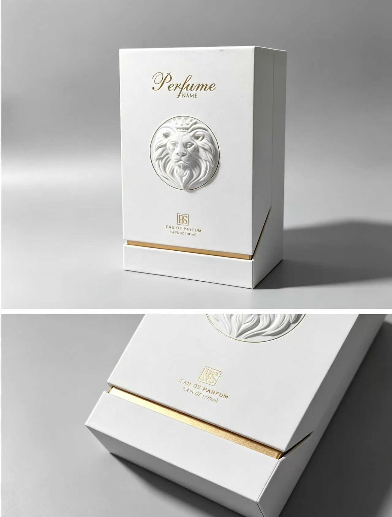 Minimalist White Cardboard Magnetic Box with Gold Trim for High Value Cosmetic & Perfume