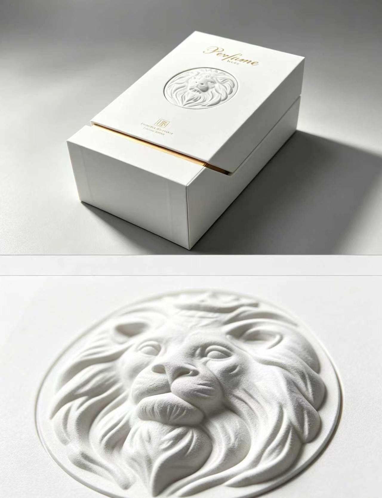 Minimalist White Cardboard Magnetic Box with Gold Trim for High Value Cosmetic & Perfume