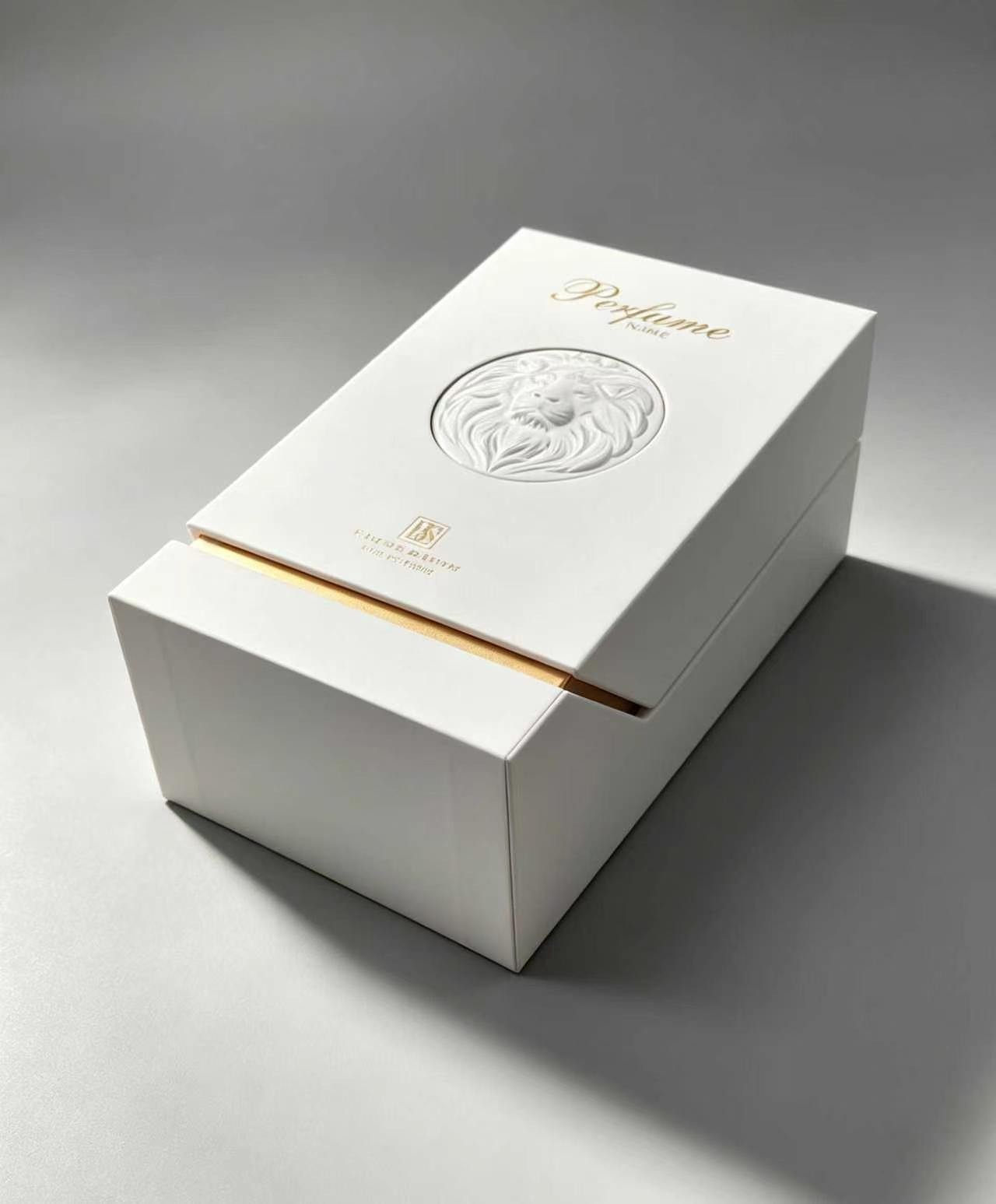 Minimalist White Cardboard Magnetic Box with Gold Trim for High Value Cosmetic & Perfume