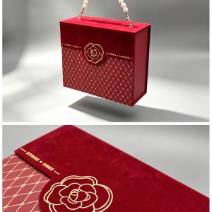 Luxury Red Velvet Handbag Box with Pearl Handle & Camellia Design for Cosmetic Gift Packaging