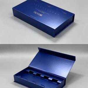 Premium Navy Blue Magnetic Flip Box with Custom Slots for Luxury Perfume Cosmetic Packaging