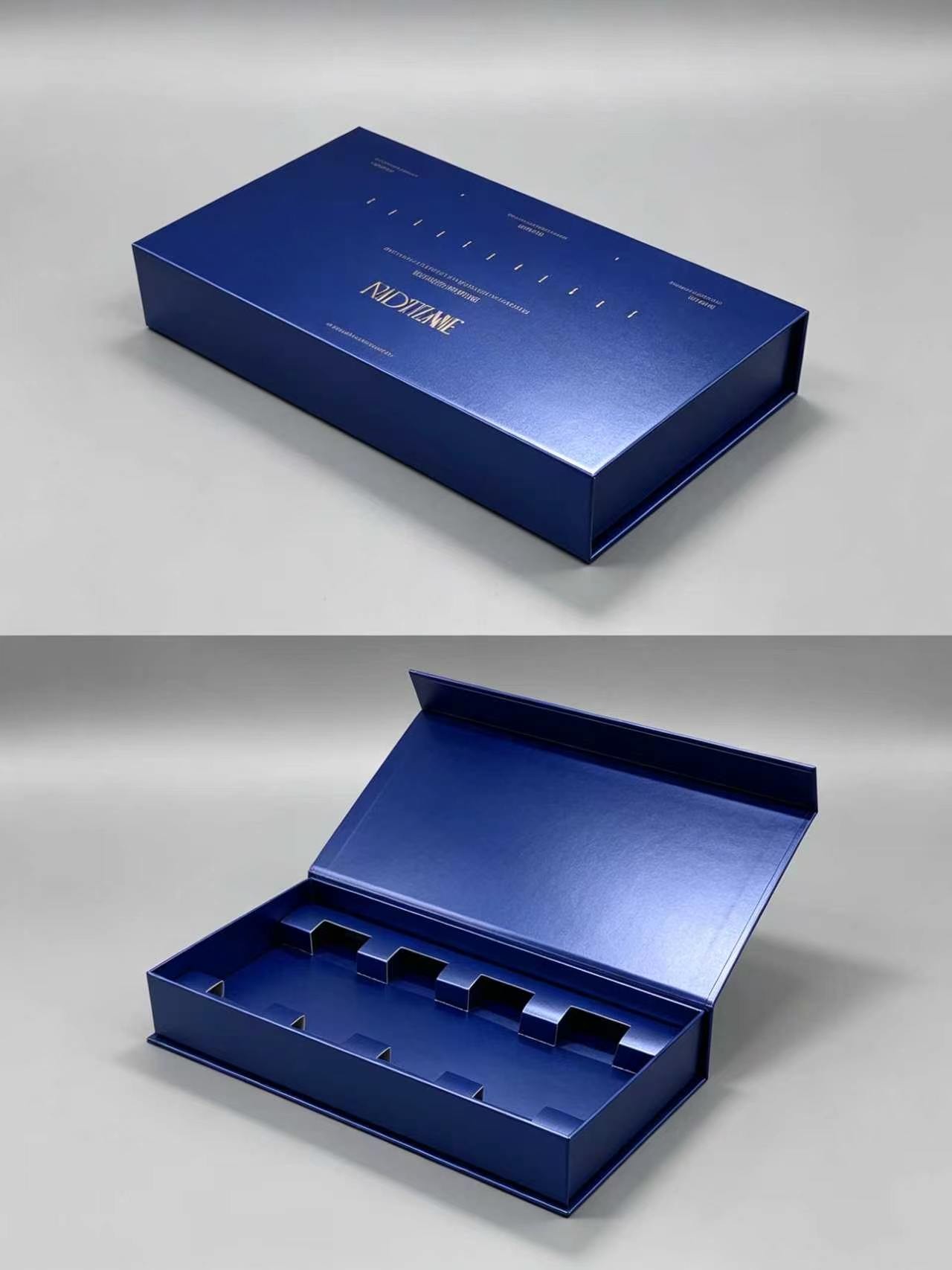 Premium Navy Blue Magnetic Flip Box with Custom Slots for Luxury Perfume Cosmetic Packaging