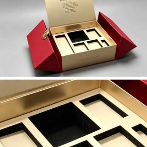 Luxury Red & Gold Gift Box Double Door Empty Hamper Box with Foam Insert Multi-Compartment Packaging Case
