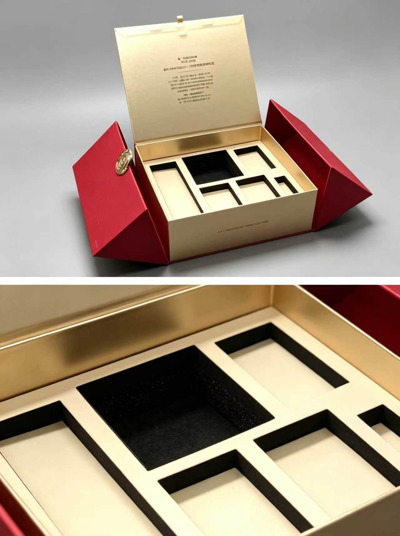 Luxury Red & Gold Gift Box Double Door Empty Hamper Box with Foam Insert Multi-Compartment Packaging Case