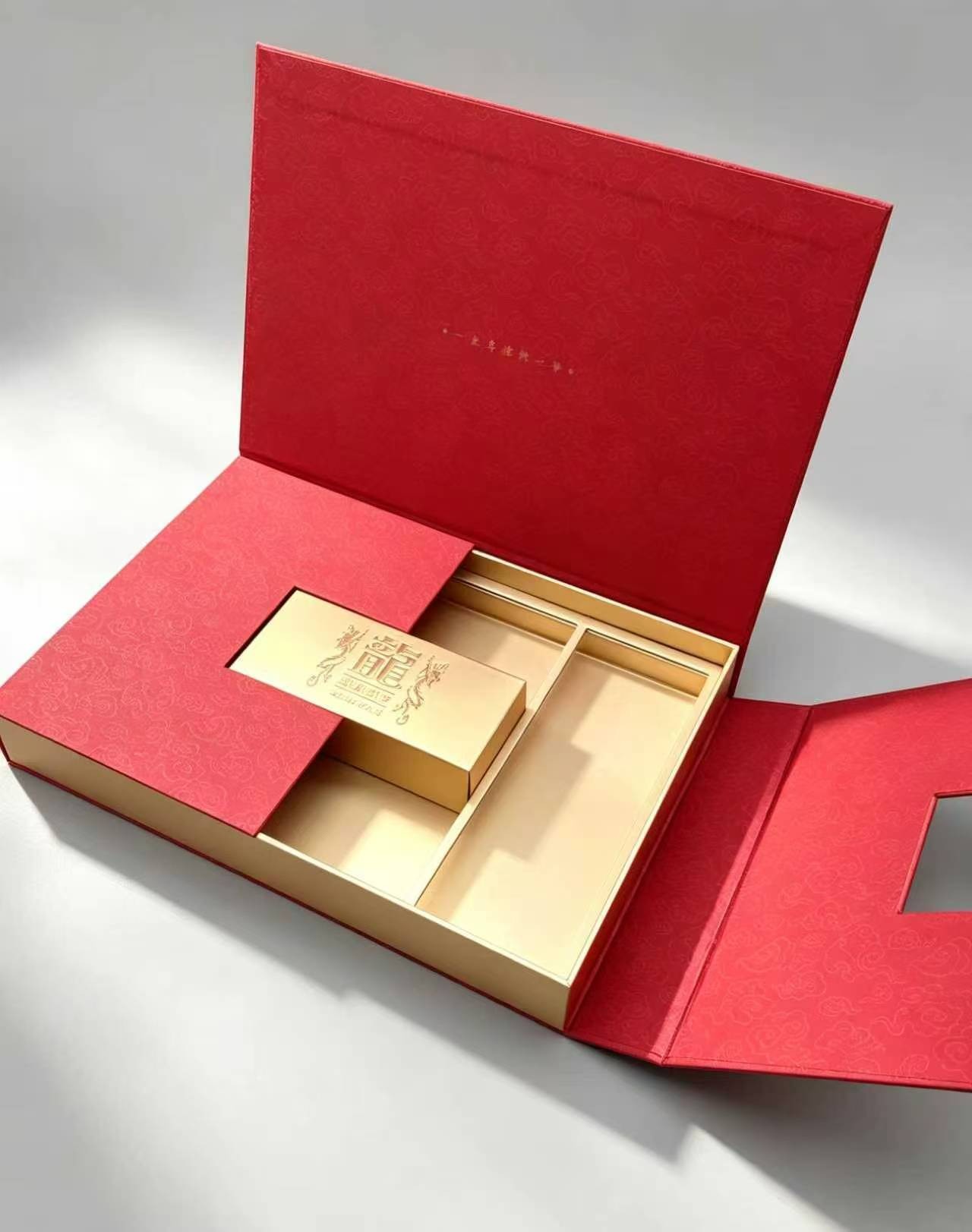 Luxury Red & Gold Gift Box Double Door Empty Hamper Box with Foam Insert Multi-Compartment Packaging Case