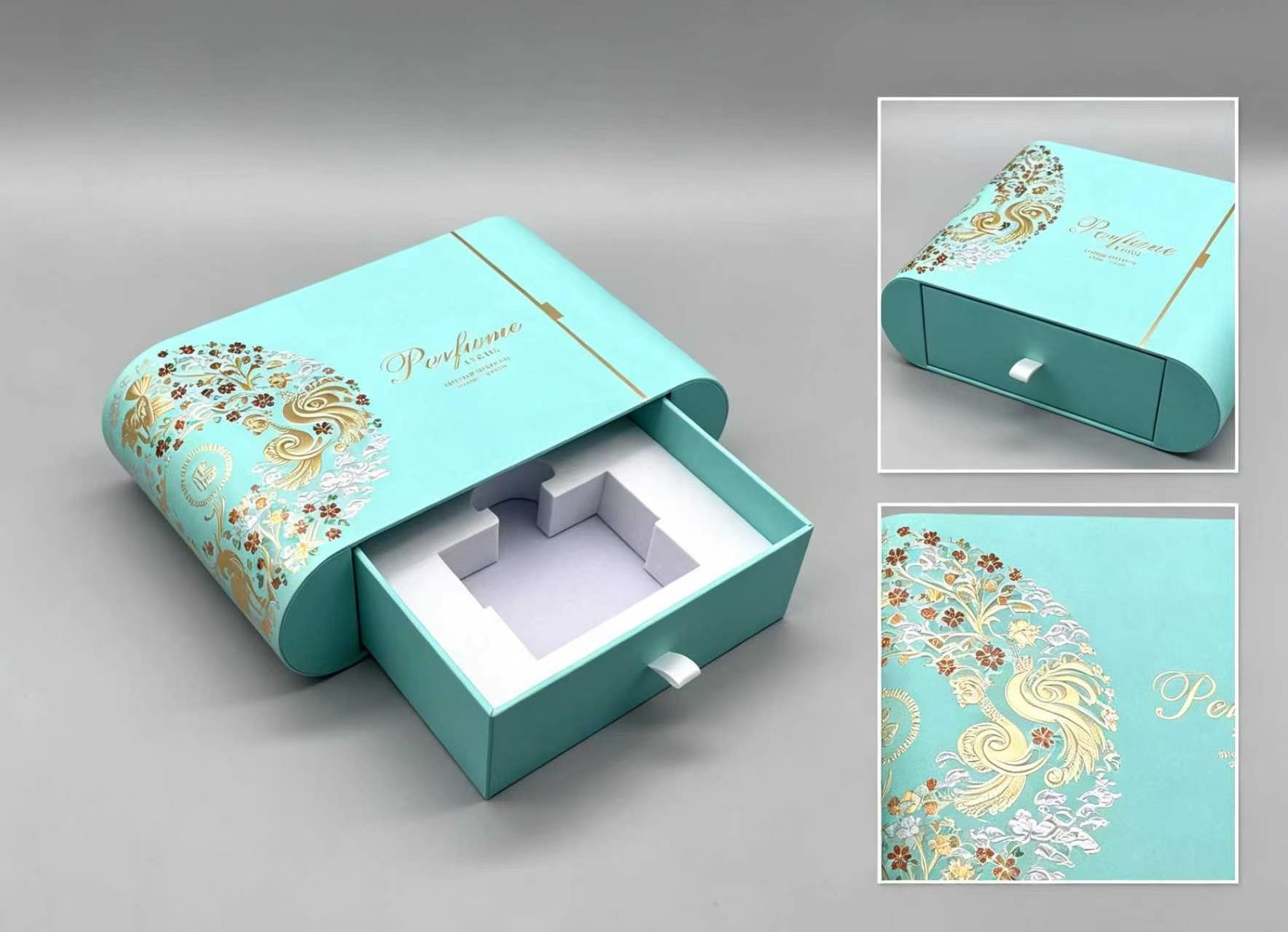 Elegant Tiffany Blue Drawer Style Perfume Gift Box with Gold Floral Design