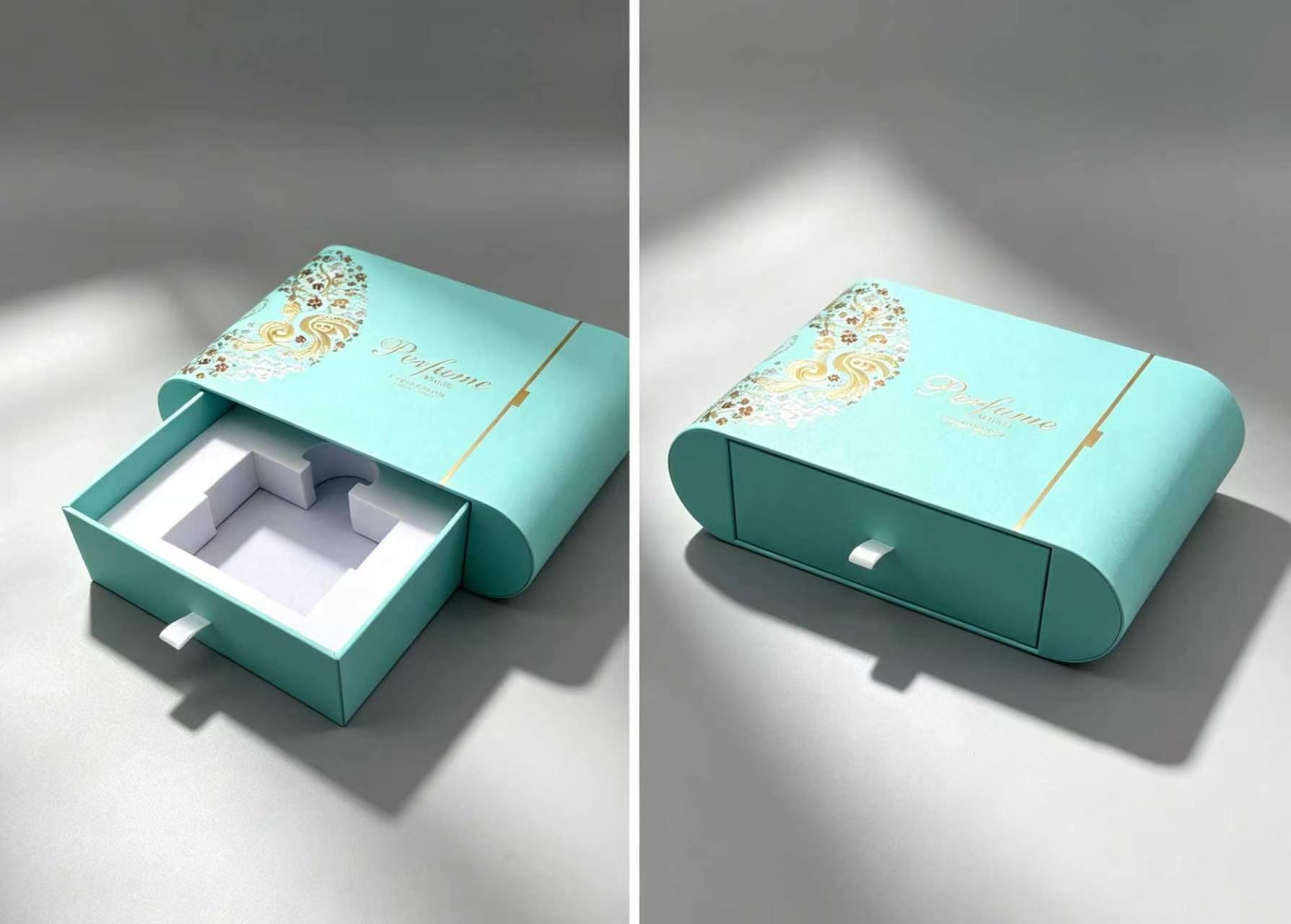 Elegant Tiffany Blue Drawer Style Perfume Gift Box with Gold Floral Design