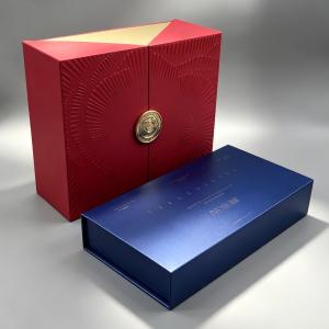 Luxury Red Double-Door Gift Box with 3D Embossed Pattern and Blue Long Drawer Box for Perfume Packaging